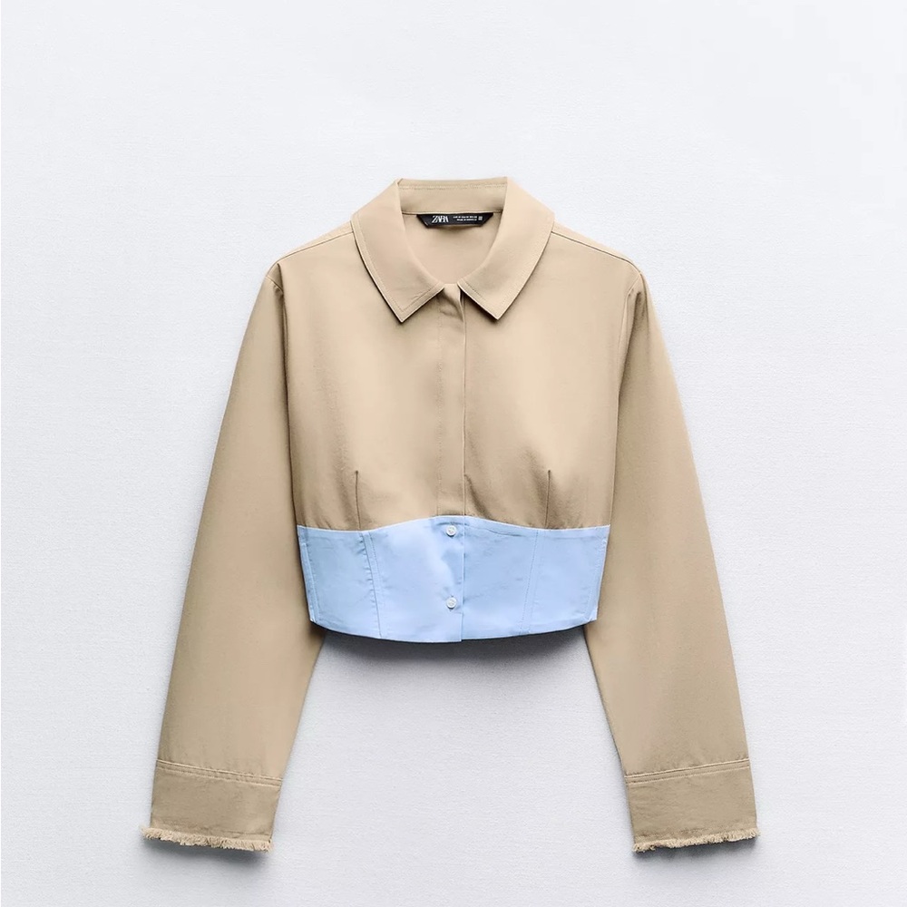 SOLD Zara Beige and Blue Women's Cropped Shirt
